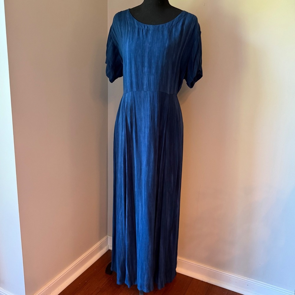 Vintage 90s Orvis Blue Rayon Crinkle Dress Boho Cottagecore Maxi Womens M